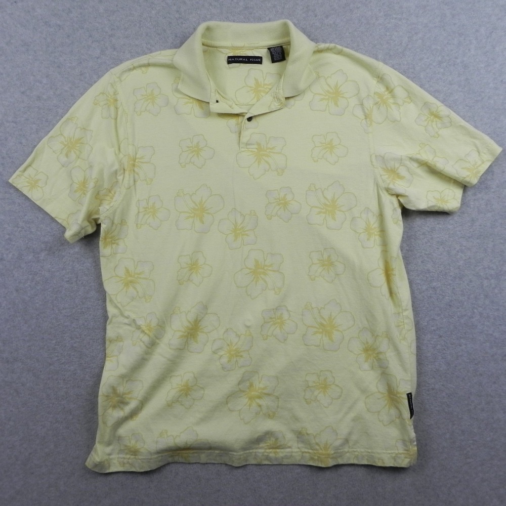 Natural Issue Polo Shirt Mens Large Hawaiian Tropical Yellow Floral Short Sleeve